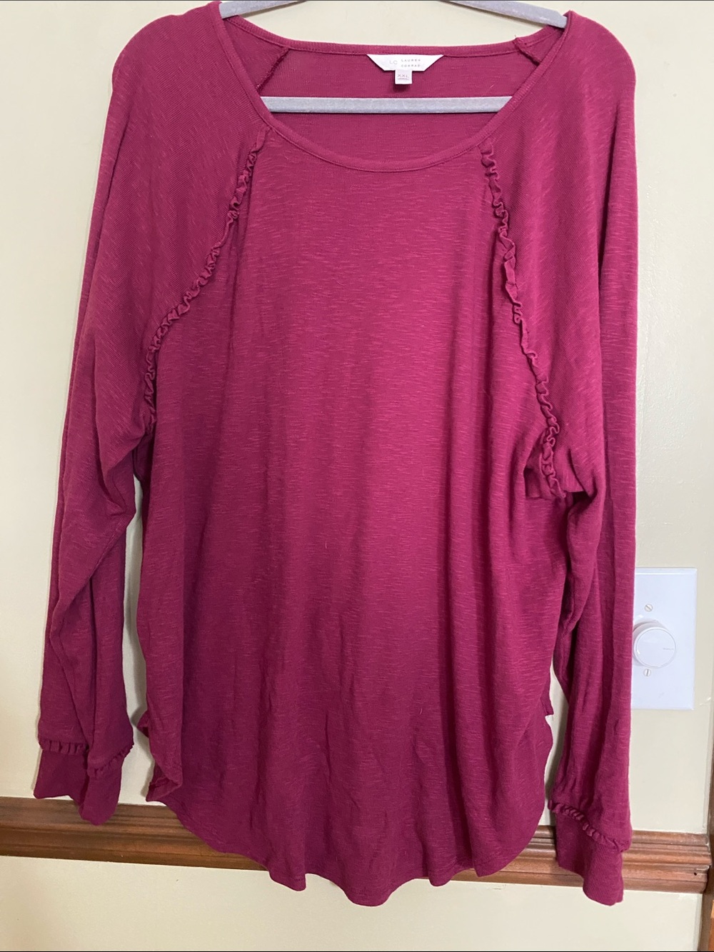 LC Lauren Conrad Long Sleeve Ruffle-Trim Top in Berry